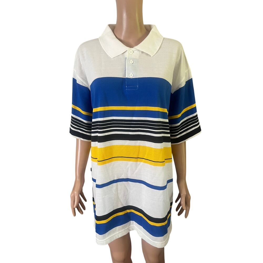NBN Gear Polo Shirt Mens XL Blue Yellow Striped Cotton Blend Short Sleeve